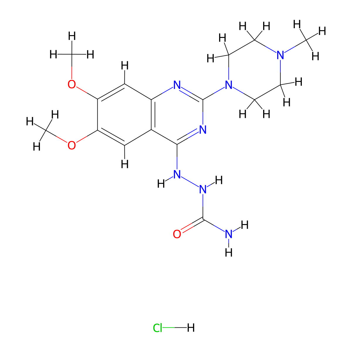 Hydrazinecarboxamide, 2-(6,7-dimethoxy-2-(4-methyl-1-piperazinyl)-4-quinazolinyl)-, monohydrochloride, hydrate molecular structure, CAS 134749-33-0