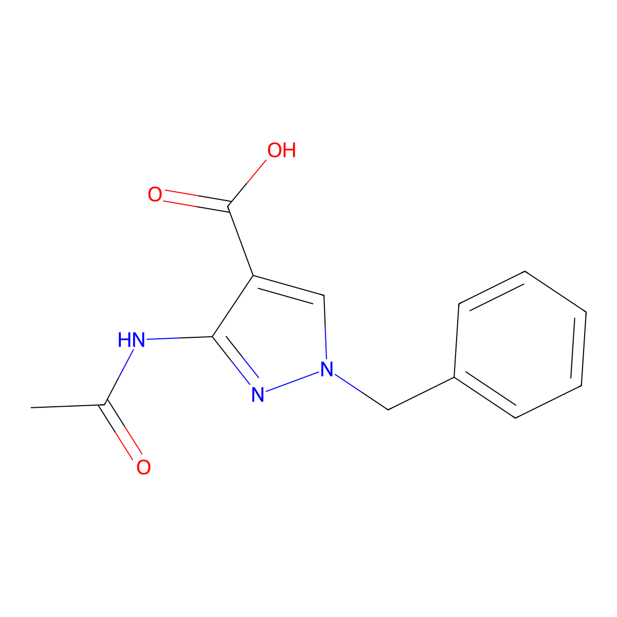 1-benzyl-3-acetamido-1H-pyrazole-4-carboxylic acid molecular structure, CAS 134791-39-2