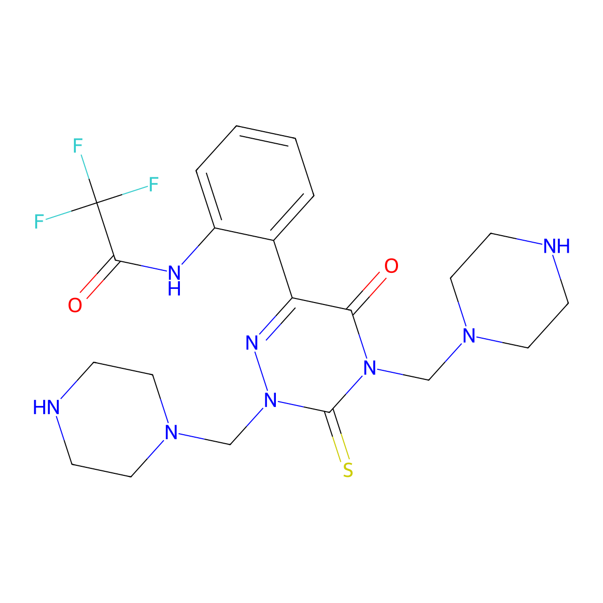 Acetamide, 2,2,2-trifluoro-N-(2-(2,3,4,5-tetrahydro-5-oxo-2,4-bis(1-piperazinylmethyl)-3-thioxo-1,2,4-triazin-6-yl)phenyl)- molecular structure, CAS 134793-44-5