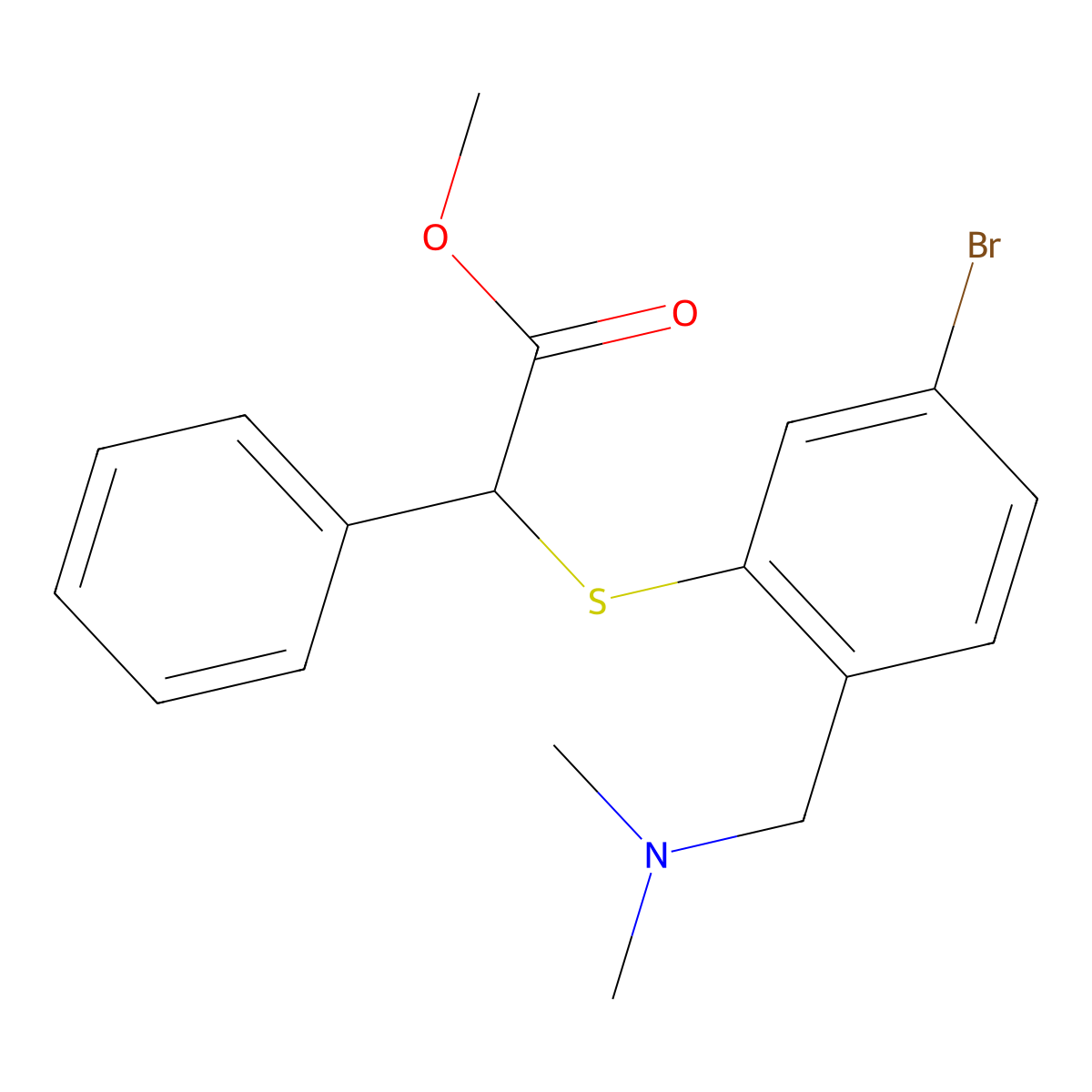 Methyl 2-((5-bromo-2-((dimethylamino)methyl)phenyl)thio)-2-phenylacetate molecular structure, CAS 1347941-64-3