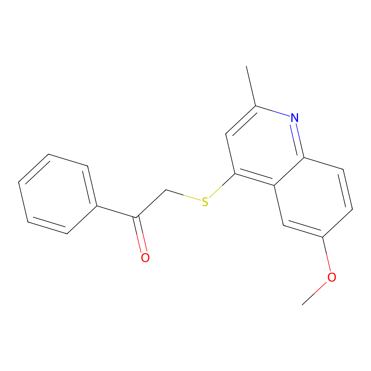 Ethanone, 2-((6-methoxy-2-methyl-4-quinolinyl)thio)-1-phenyl- molecular structure, CAS 134826-35-0