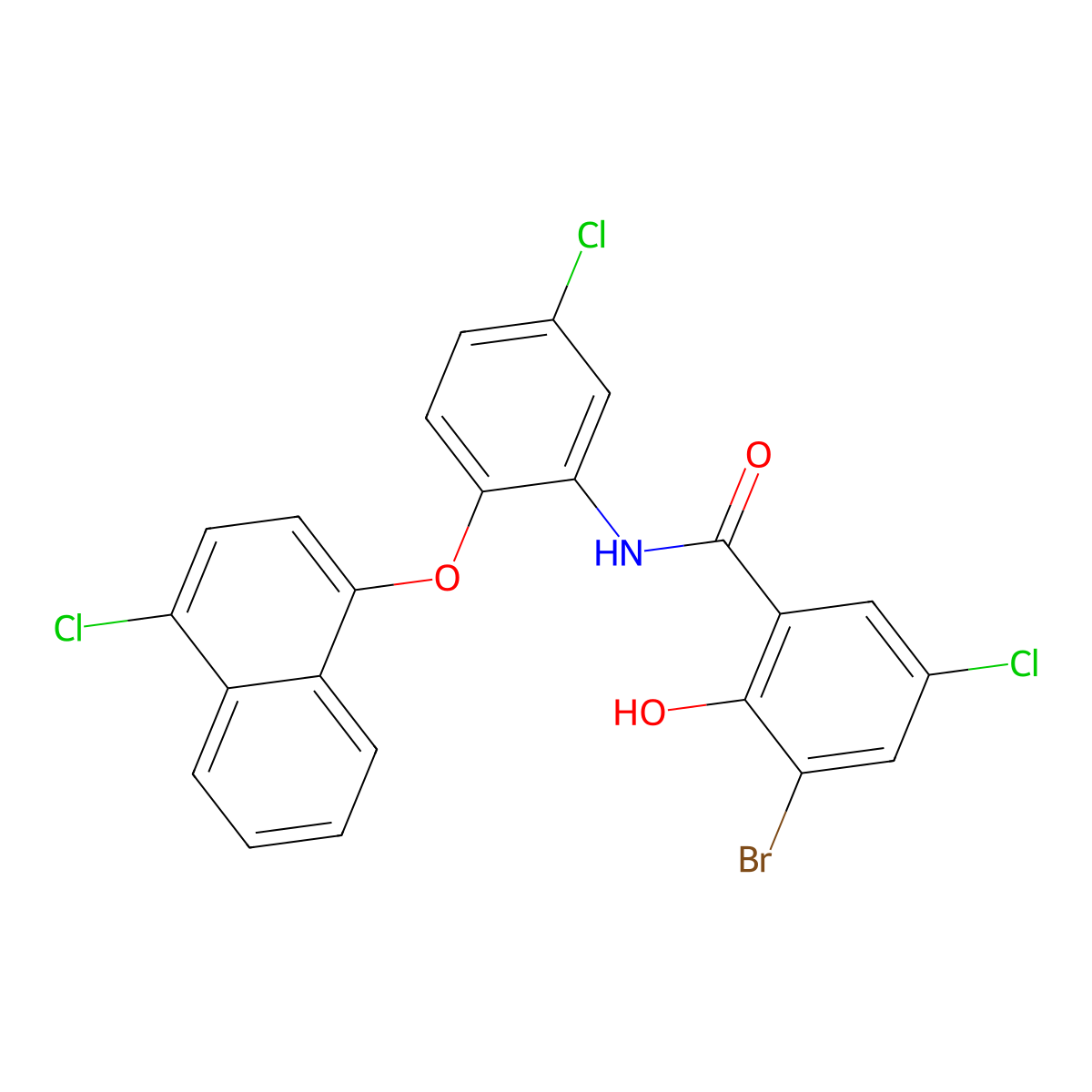 3-bromo-5-chloro-N-{5-chloro-2-[(4-chloronaphthalen-1-yl)oxy]phenyl}-2-hydroxybenzamide molecular structure, CAS 134897-55-5