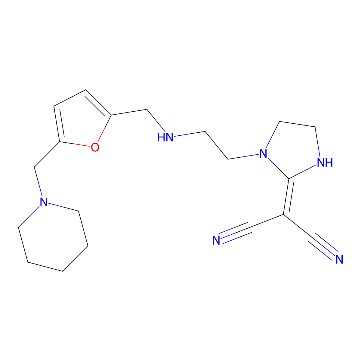 Propanedinitrile, 2-[1-[2-[[[5-(1-piperidinylmethyl)-2-furanyl]methyl]amino]ethyl]-2-imidazolidinylidene]- molecular structure, CAS 135017-30-0