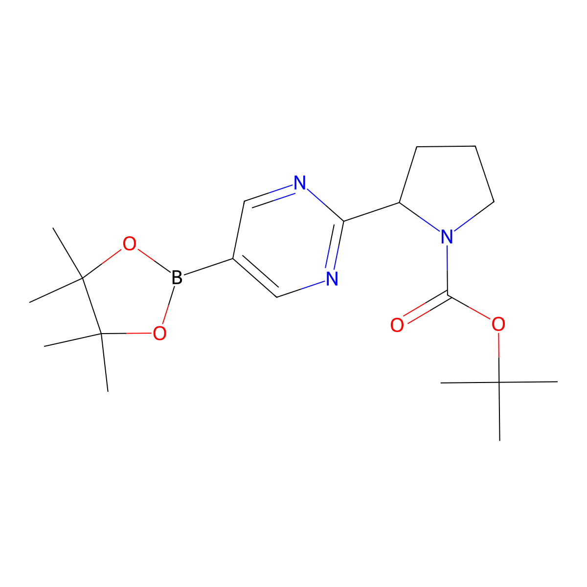 Tert-butyl 2-(5-(4,4,5,5-tetramethyl-1,3,2-dioxaborolan-2-yl)pyrimidin-2-yl)pyrrolidine-1-carboxylate molecular structure, CAS 1350543-48-4