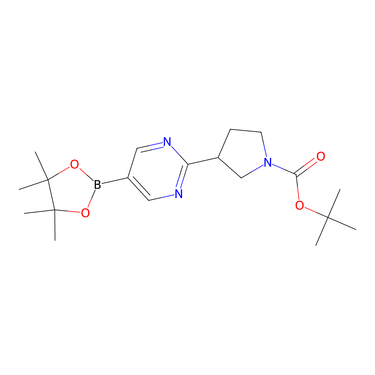 Tert-butyl 3-[5-(4,4,5,5-tetramethyl-1,3,2-dioxaborolan-2-yl)pyrimidin-2-yl]pyrrolidine-1-carboxylate molecular structure, CAS 1350543-49-5