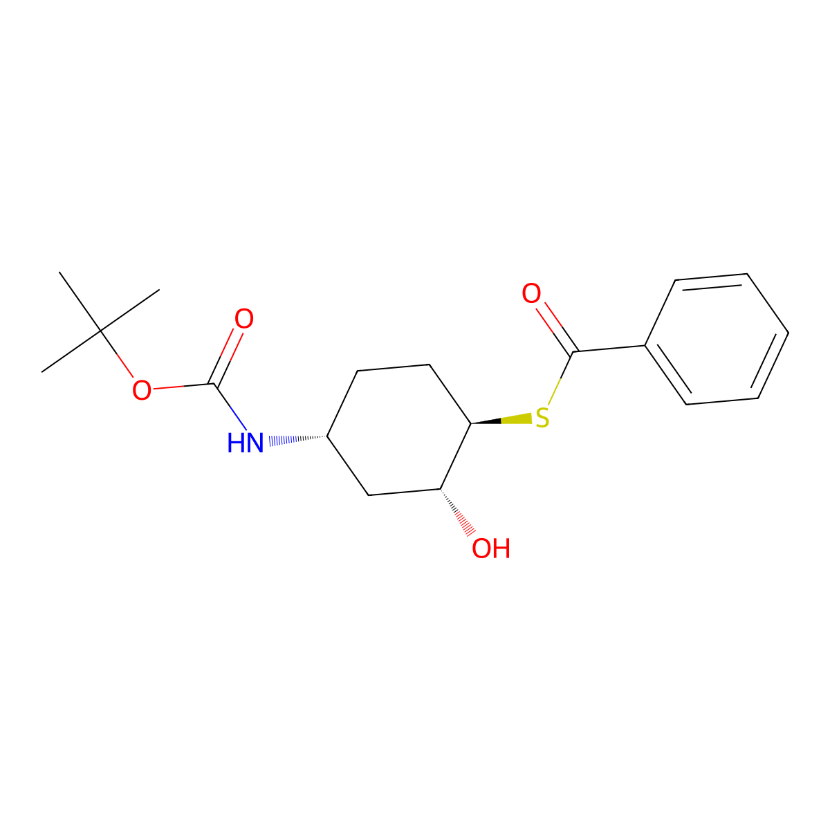 S-((1R,2R,4R)-4-((tert-Butoxycarbonyl)amino)-2-hydroxycyclohexyl) benzothioate molecular structure, CAS 1350636-89-3