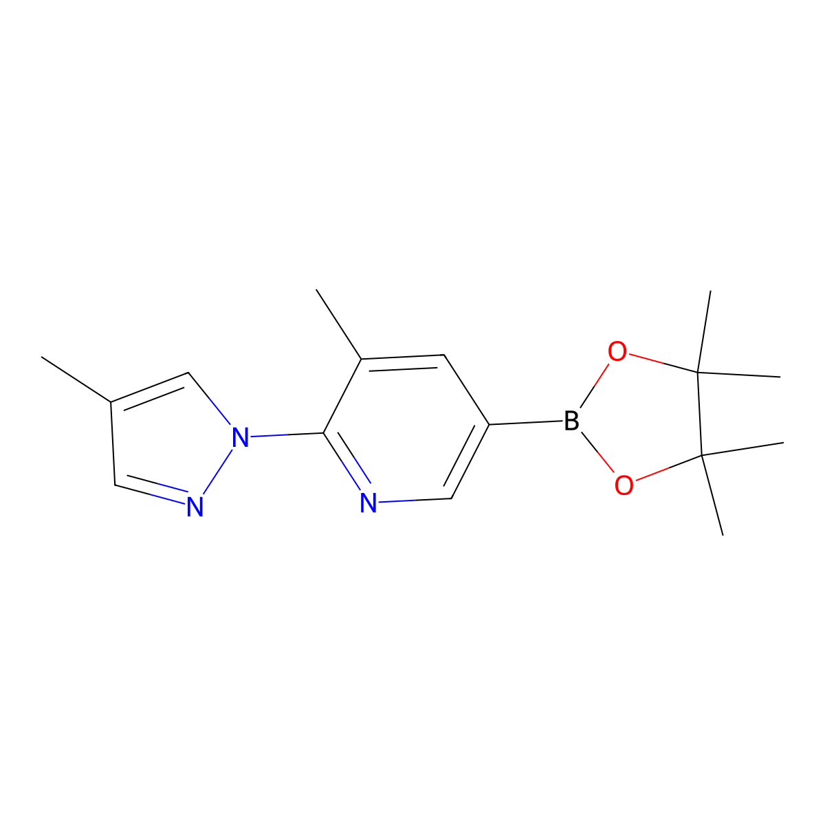 Pyridine, 3-methyl-2-(4-methyl-1H-pyrazol-1-yl)-5-(4,4,5,5-tetramethyl-1,3,2-dioxaborolan-2-yl)- molecular structure, CAS 1350643-70-7
