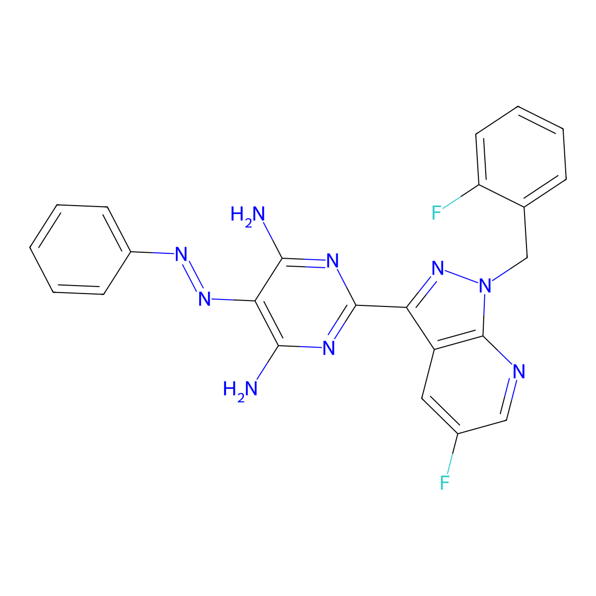 2-(5-fluoro-1-(2-fluorobenzyl)-1H-pyrazolo(3,4-b)pyridin-3-yl)-5-((E)-phenyldiazenyl)pyrimidine-4,6-diamine molecular structure, CAS 1350653-29-0