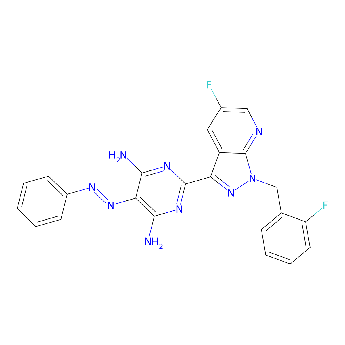 2-(5-fluoro-1-(2-fluorobenzyl)-1H-pyrazolo(3,4-b)pyridin-3-yl)-5-((E)-phenyldiazenyl)pyrimidine-4,6-diamine molecular structure, CAS 1350653-29-0