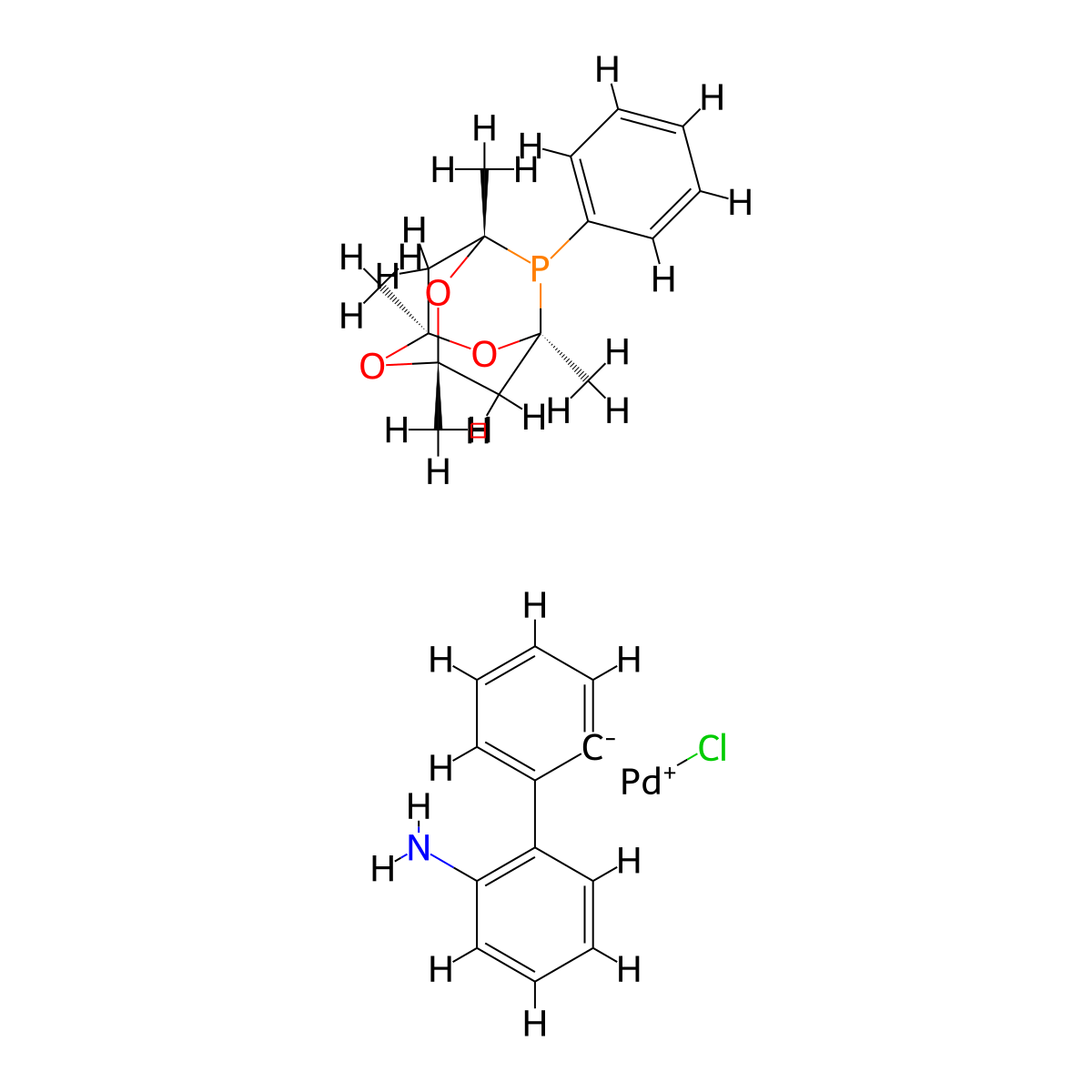 Chloro[(1,3,5,7-tetramethyl-5-phenyl-2,4,8-trioxa-6-phosphaadamantane)-2-(2-aminobiphenyl)]palladium(II) , MeCgPPh Pd G2 molecular structure, CAS 1350851-22-7
