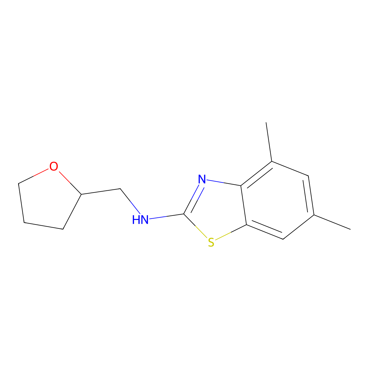 4,6-dimethyl-N-(tetrahydrofuran-2-ylmethyl)-1,3-benzothiazol-2-amine molecular structure, CAS 1350989-21-7
