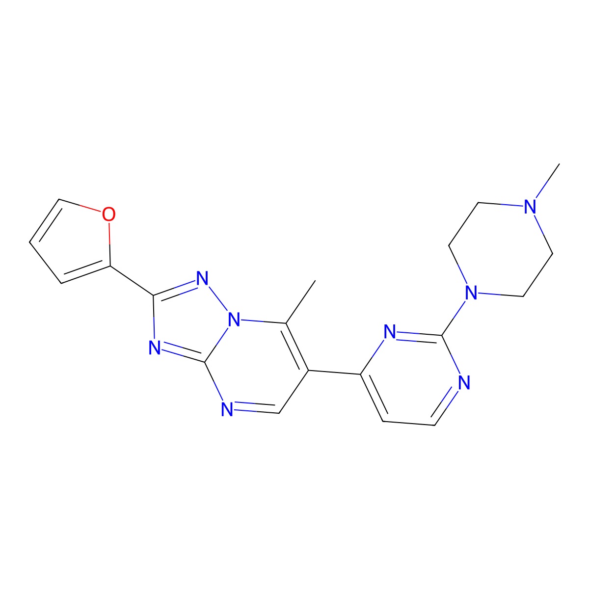 2-(Furan-2-yl)-7-methyl-6-[2-(4-methylpiperazin-1-yl)pyrimidin-4-yl][1,2,4]triazolo[1,5-a]pyrimidine molecular structure, CAS 1350995-77-5