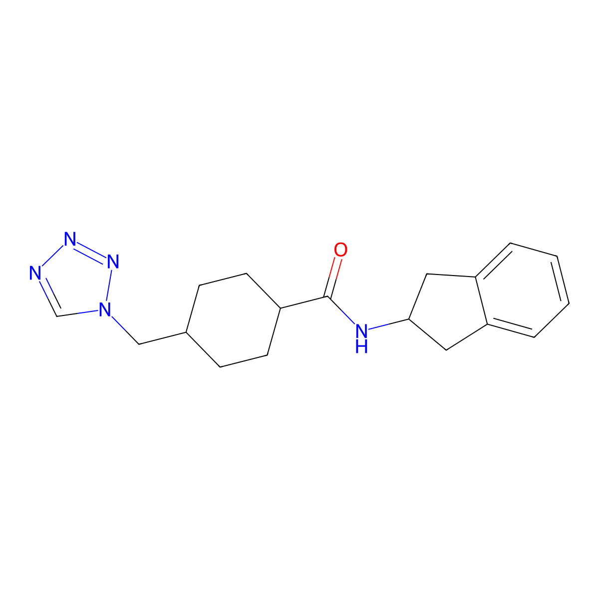 trans-N-(2,3-dihydro-1H-inden-2-yl)-4-(1H-tetrazol-1-ylmethyl)cyclohexanecarboxamide molecular structure, CAS 1351009-49-8
