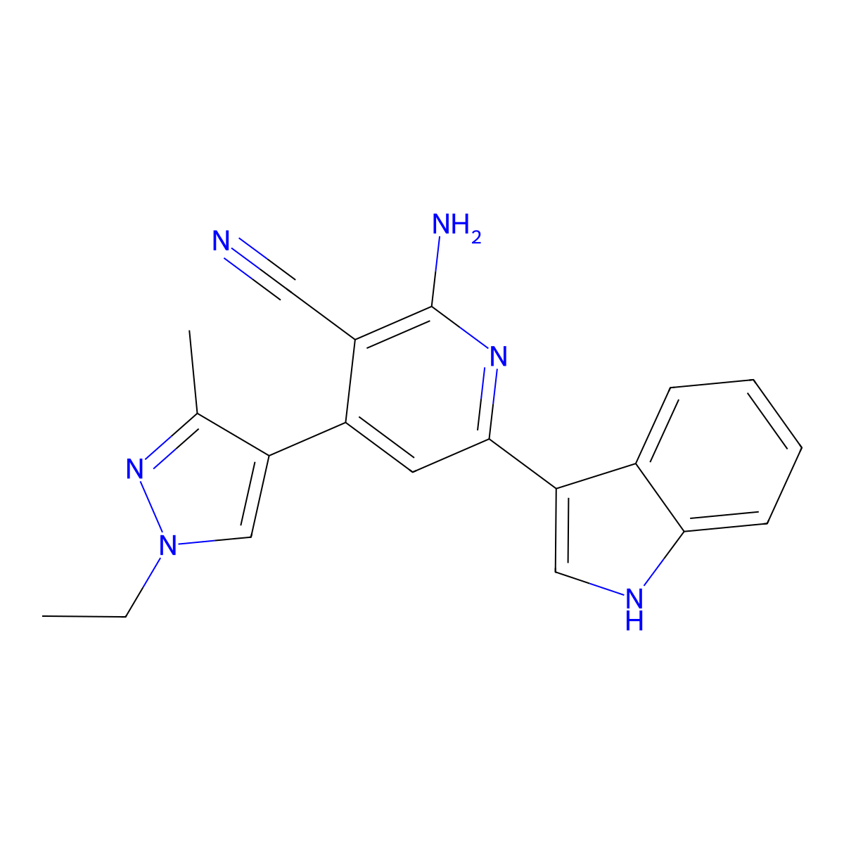 2-amino-4-(1-ethyl-3-methyl-1H-pyrazol-4-yl)-6-(1H-indol-3-yl)nicotinonitrile molecular structure, CAS 1351059-78-3
