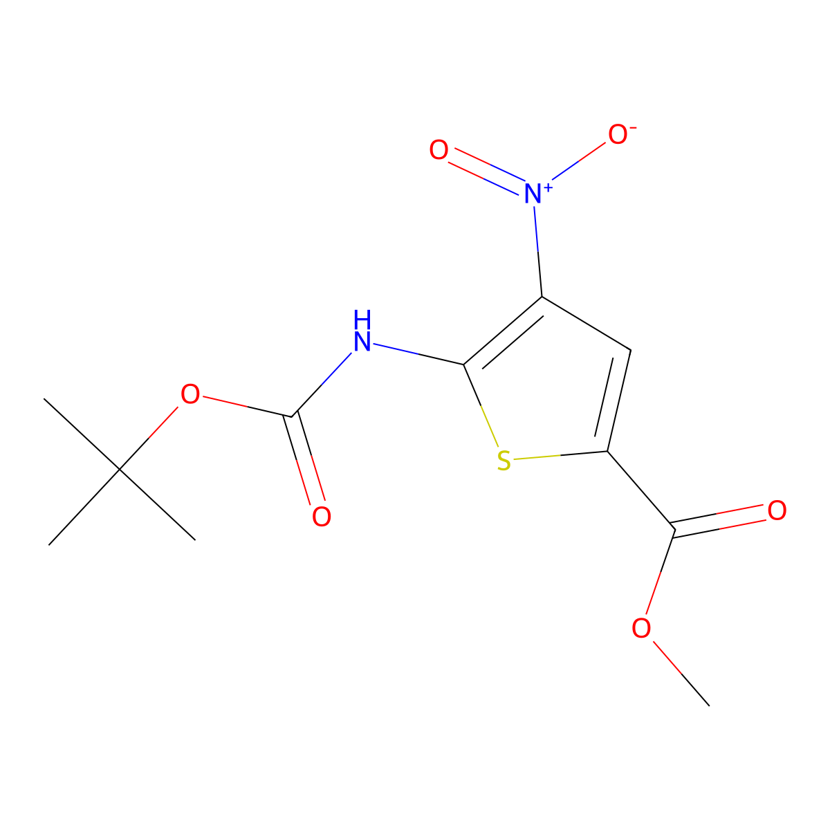 Methyl 5-((tert-butoxycarbonyl)amino)-4-nitrothiophene-2-carboxylate molecular structure, CAS 1351238-59-9