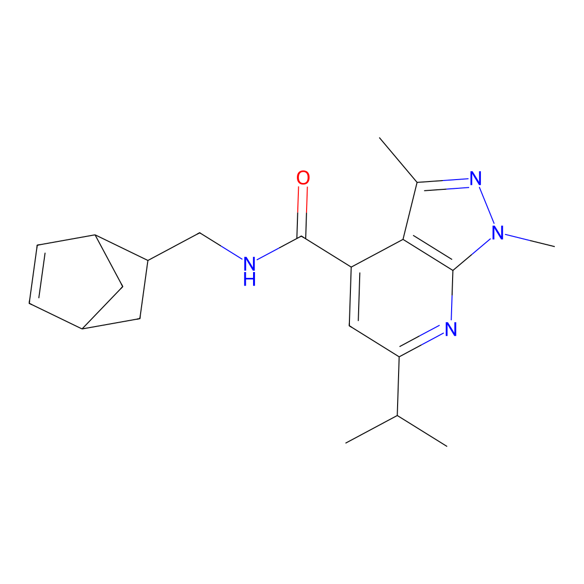N~4~-(bicyclo[2.2.1]hept-5-en-2-ylmethyl)-6-isopropyl-1,3-dimethyl-1H-pyrazolo[3,4-b]pyridine-4-carboxamide molecular structure, CAS 1351256-43-3