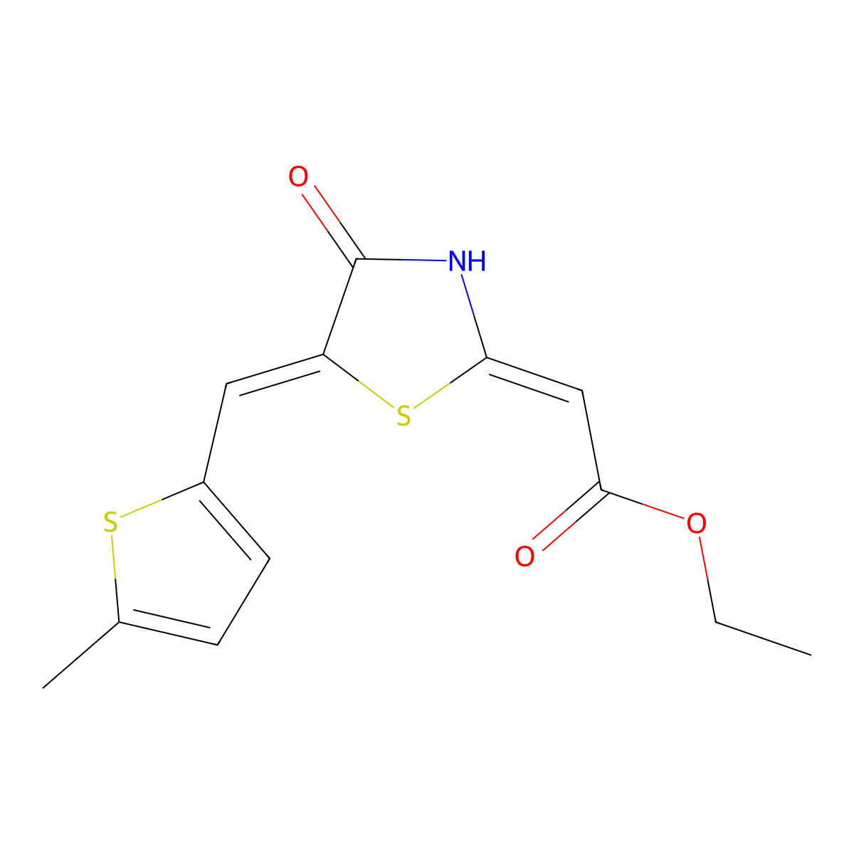 Ethyl (E)-2-((E)-5-((5-methylthiophen-2-yl)methylene)-4-oxothiazolidin-2-ylidene)acetate molecular structure, CAS 1351358-93-4