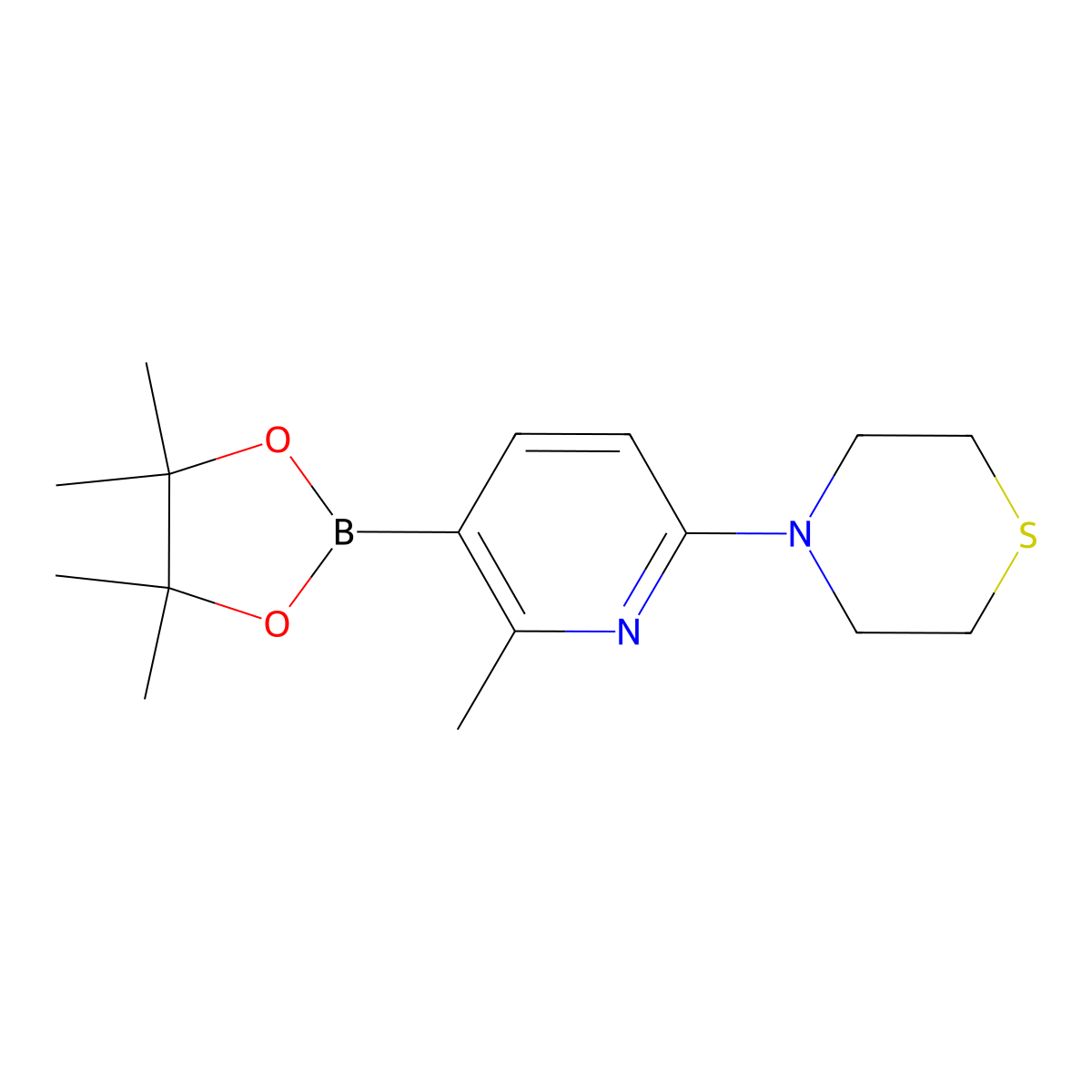 Thiomorpholine, 4-[6-methyl-5-(4,4,5,5-tetramethyl-1,3,2-dioxaborolan-2-yl)-2-pyridinyl]- molecular structure, CAS 1351385-43-7