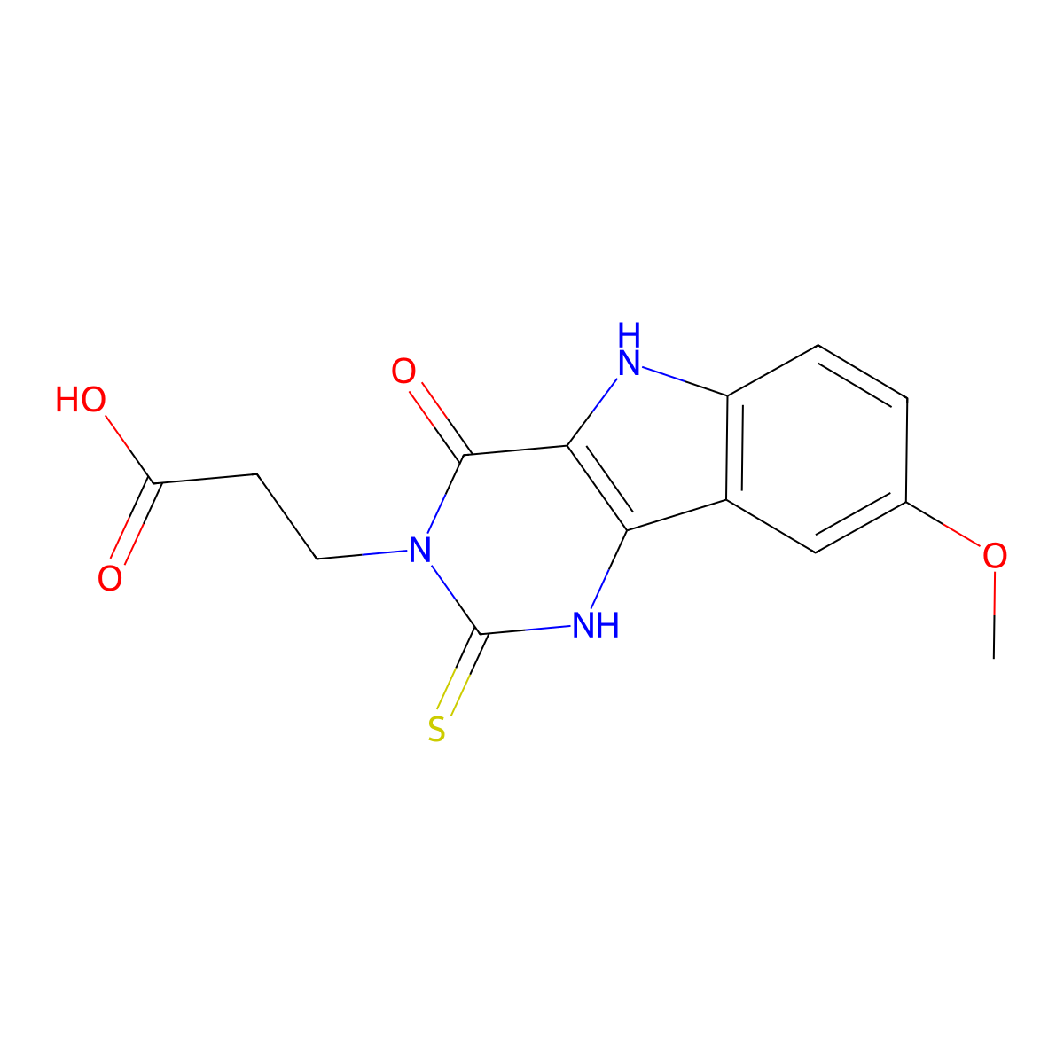 3-(8-methoxy-4-oxo-2-thioxo-1,2,4,5-tetrahydro-3H-pyrimido[5,4-b]indol-3-yl)propanoic acid molecular structure, CAS 1351398-05-4