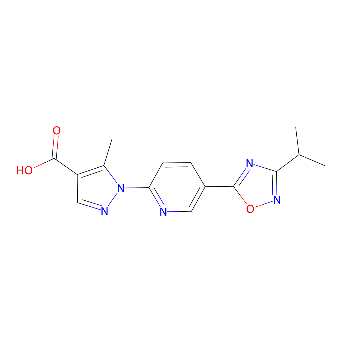 5-methyl-1-{5-[3-(propan-2-yl)-1,2,4-oxadiazol-5-yl]pyridin-2-yl}-1H-pyrazole-4-carboxylic acid molecular structure, CAS 1351398-16-7