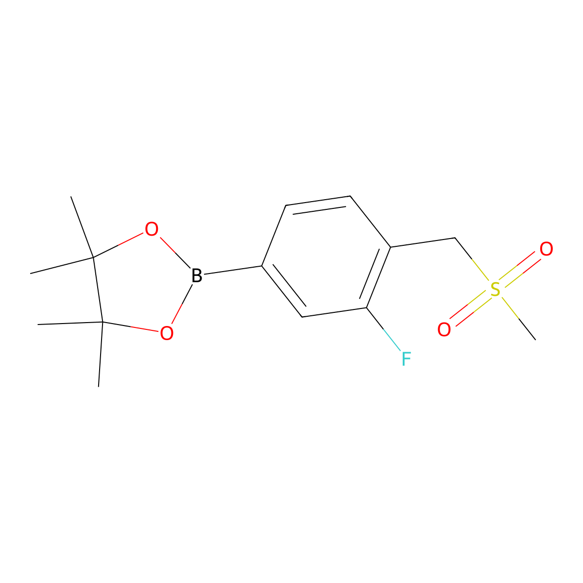 1,3,2-Dioxaborolane, 2-[3-fluoro-4-[(methylsulfonyl)methyl]phenyl]-4,4,5,5-tetramethyl- molecular structure, CAS 1351499-67-6