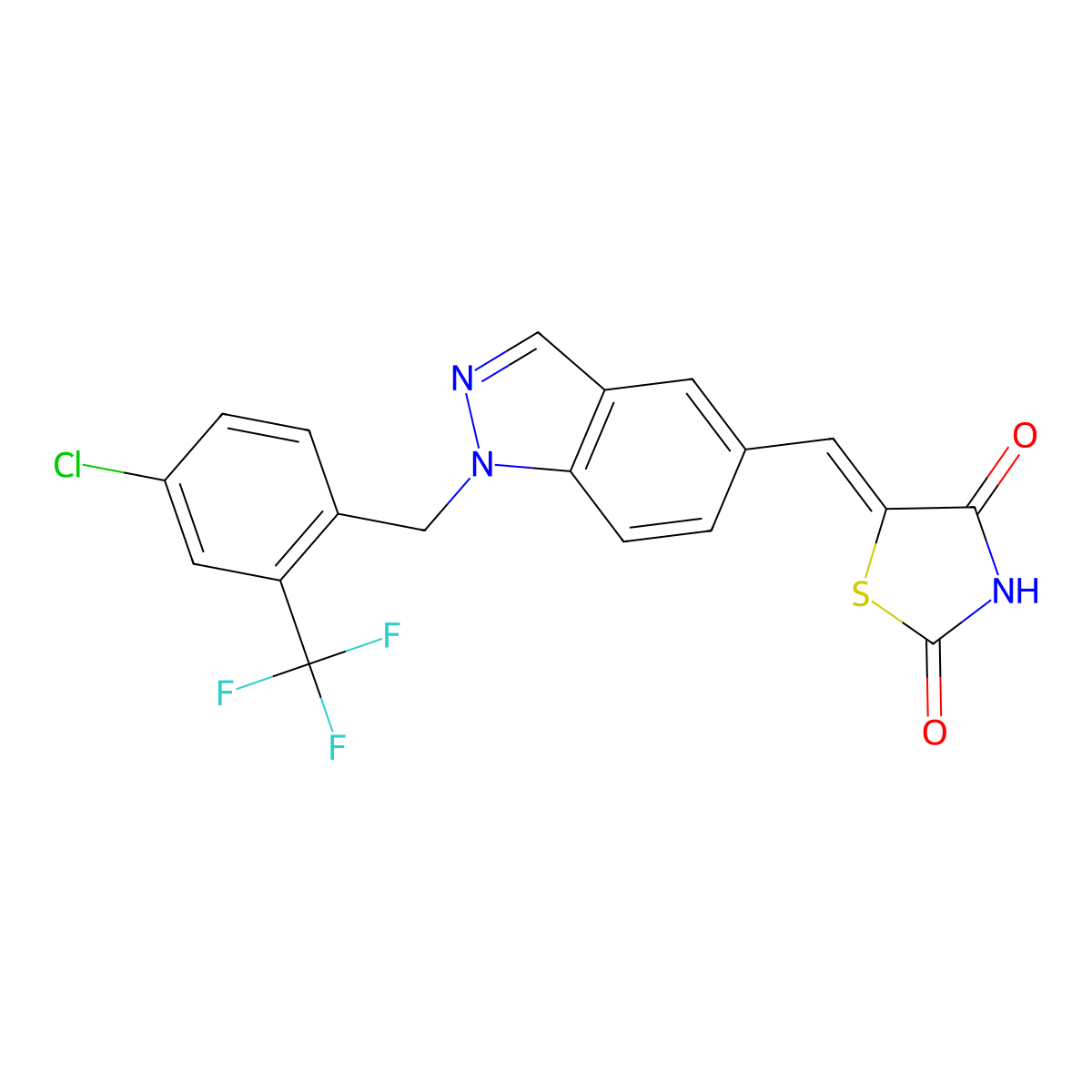 (5Z)-5-({1-[4-chloro-2-(trifluoromethyl)benzyl]-1H-indazol-5-yl}methylidene)-2,4-dioxo-1,3-thiazolidine molecular structure, CAS 1351564-76-5