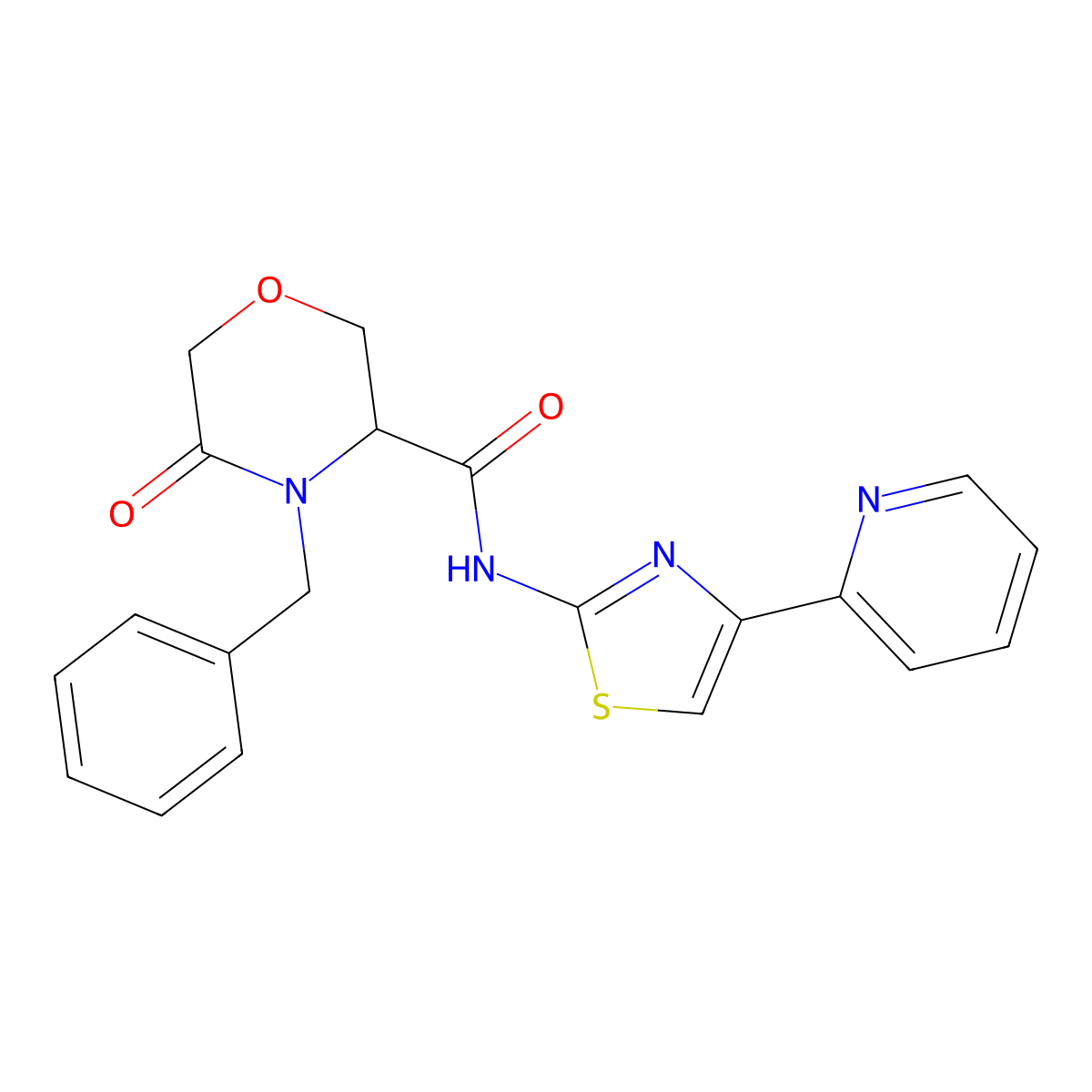 4-benzyl-5-oxo-N-(4-(pyridin-2-yl)thiazol-2-yl)morpholine-3-carboxamide molecular structure, CAS 1351581-23-1