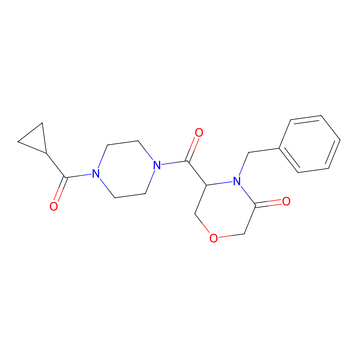 4-Benzyl-5-(4-(cyclopropanecarbonyl)piperazine-1-carbonyl)morpholin-3-one molecular structure, CAS 1351581-43-5