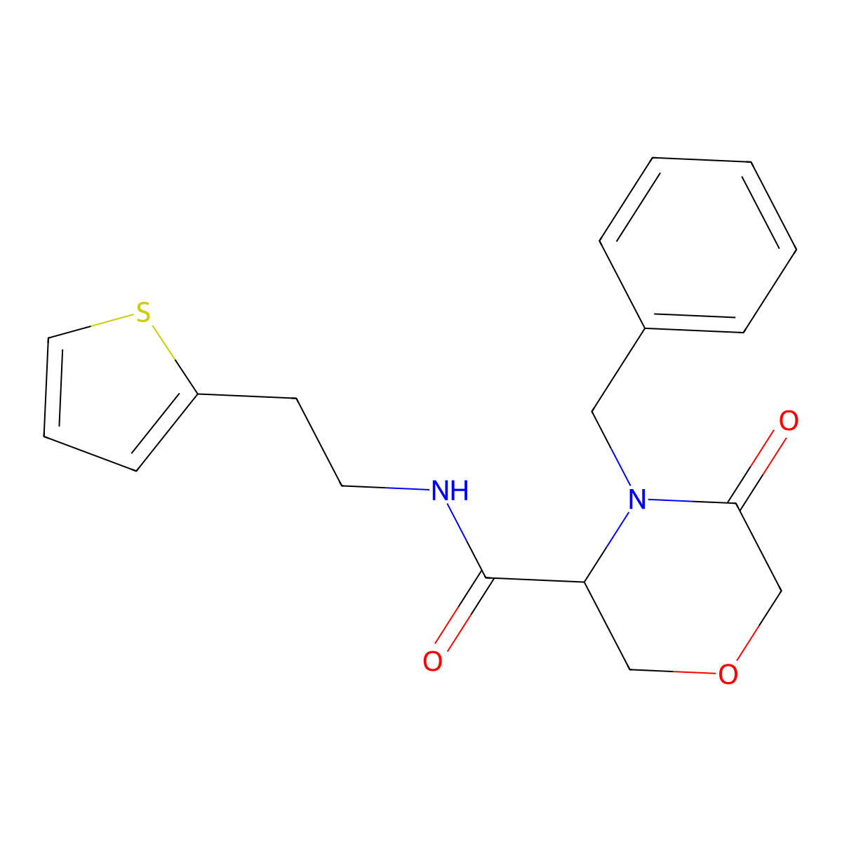 4-benzyl-5-oxo-N-(2-(thiophen-2-yl)ethyl)morpholine-3-carboxamide molecular structure, CAS 1351581-63-9