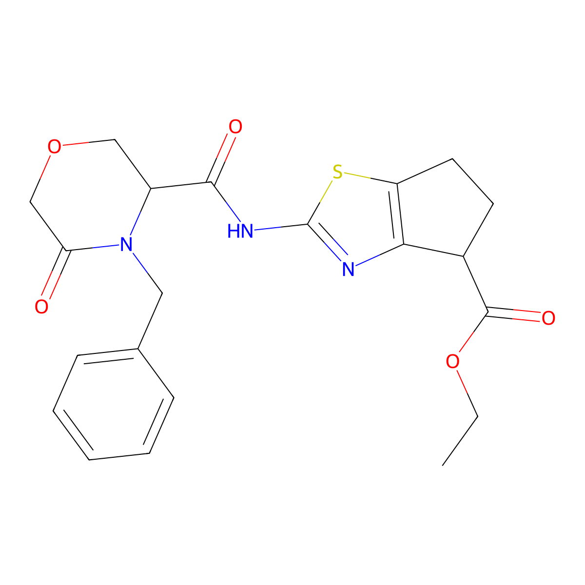 ethyl 2-(4-benzyl-5-oxomorpholine-3-carboxamido)-5,6-dihydro-4H-cyclopenta[d]thiazole-4-carboxylate molecular structure, CAS 1351581-70-8