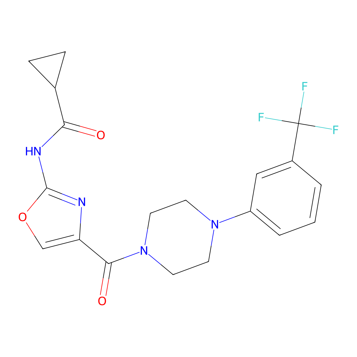 N-(4-{4-[3-(trifluoromethyl)phenyl]piperazine-1-carbonyl}-1,3-oxazol-2-yl)cyclopropanecarboxamide molecular structure, CAS 1351581-87-7