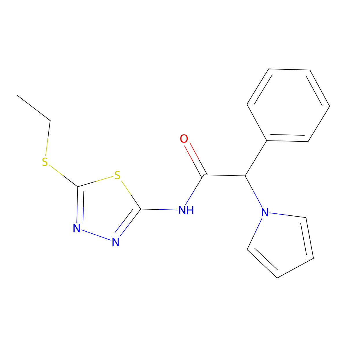 N-(5-(ethylthio)-1,3,4-thiadiazol-2-yl)-2-phenyl-2-(1H-pyrrol-1-yl)acetamide molecular structure, CAS 1351582-31-4