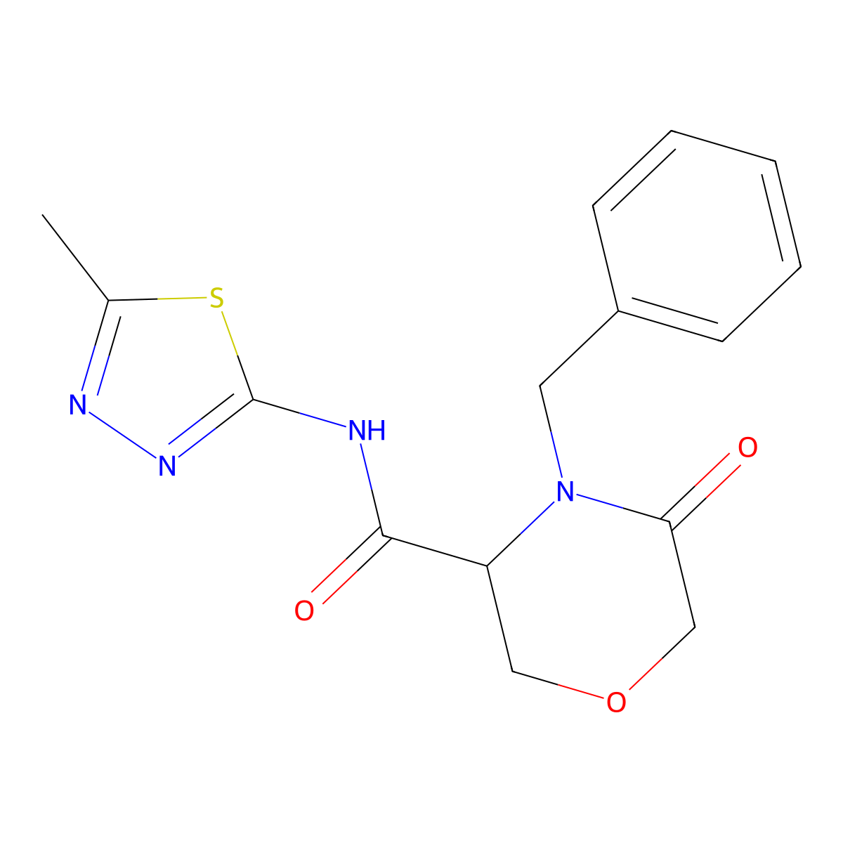 4-benzyl-N-(5-methyl-1,3,4-thiadiazol-2-yl)-5-oxomorpholine-3-carboxamide molecular structure, CAS 1351582-71-2