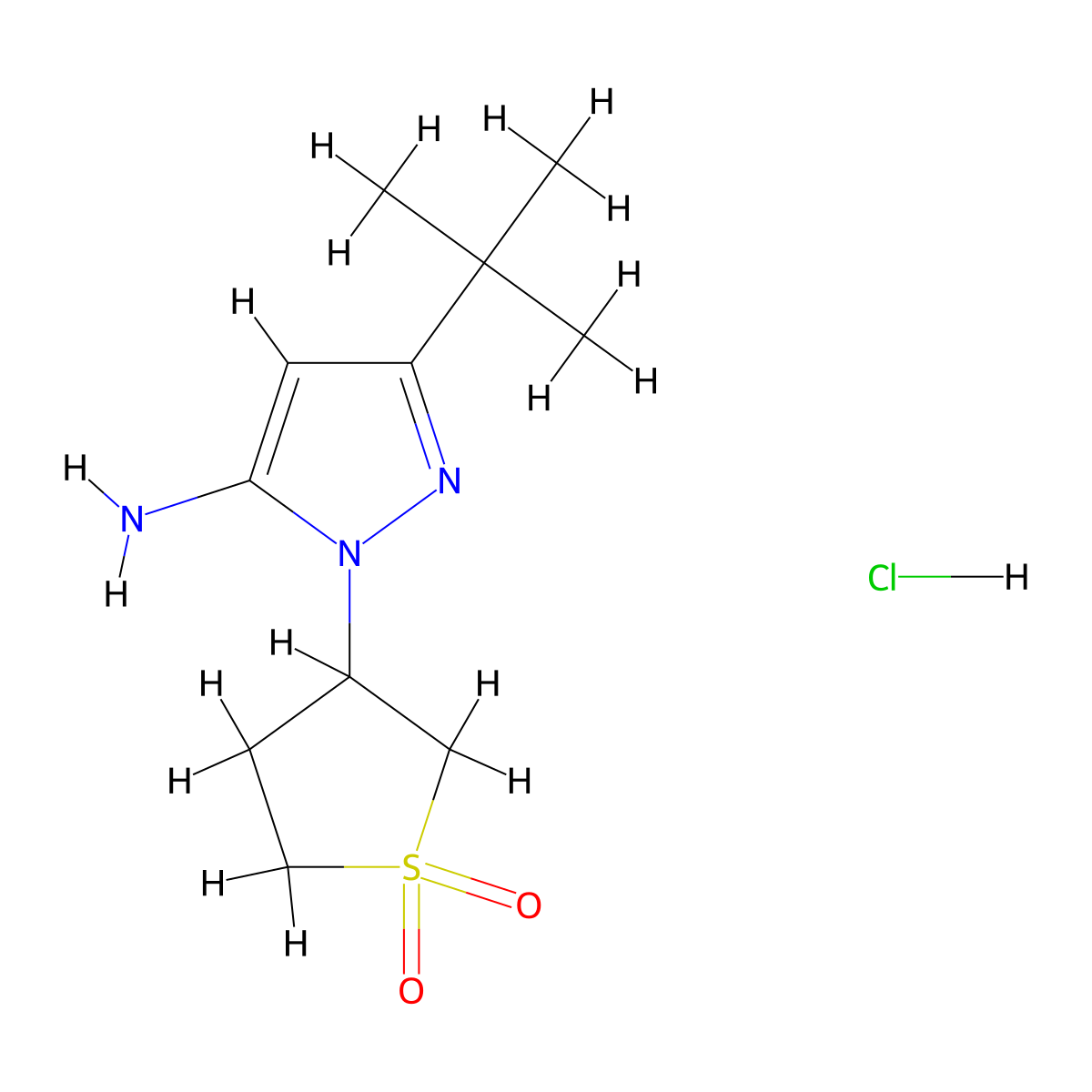 3-tert-butyl-1-(1,1-dioxidotetrahydro-3-thienyl)-1H-pyrazol-5-amine hydrochloride molecular structure, CAS 1351582-76-7