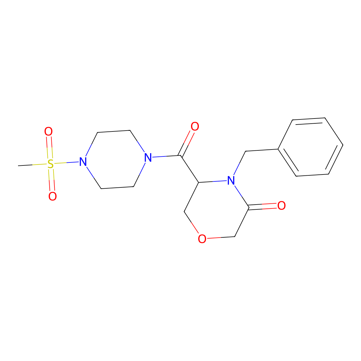 4-Benzyl-5-(4-(methylsulfonyl)piperazine-1-carbonyl)morpholin-3-one molecular structure, CAS 1351584-66-1