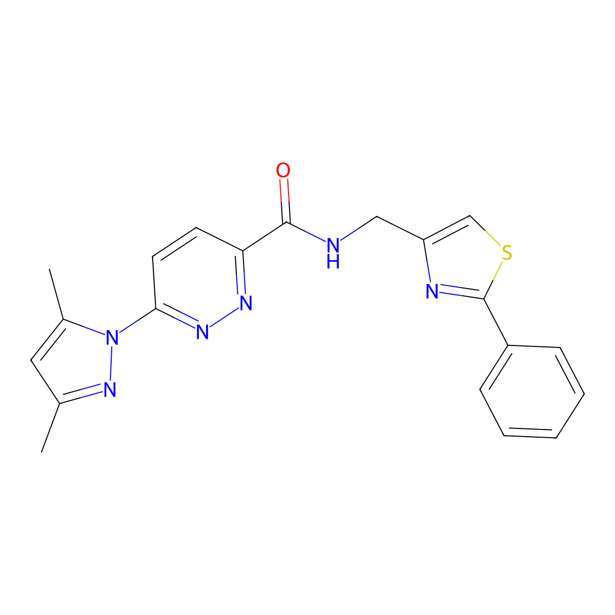 6-(3,5-dimethyl-1H-pyrazol-1-yl)-N-((2-phenylthiazol-4-yl)methyl)pyridazine-3-carboxamide molecular structure, CAS 1351584-83-2