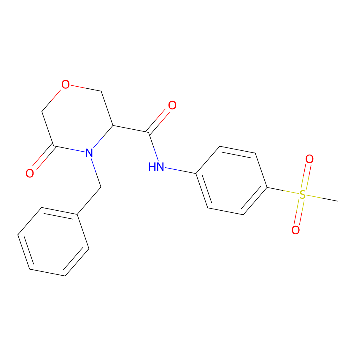 4-benzyl-N-(4-(methylsulfonyl)phenyl)-5-oxomorpholine-3-carboxamide molecular structure, CAS 1351585-20-0