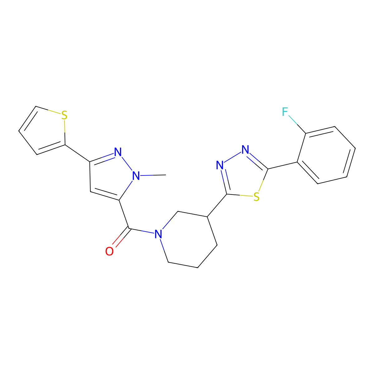 (3-(5-(2-fluorophenyl)-1,3,4-thiadiazol-2-yl)piperidin-1-yl)(1-methyl-3-(thiophen-2-yl)-1H-pyrazol-5-yl)methanone molecular structure, CAS 1351585-21-1