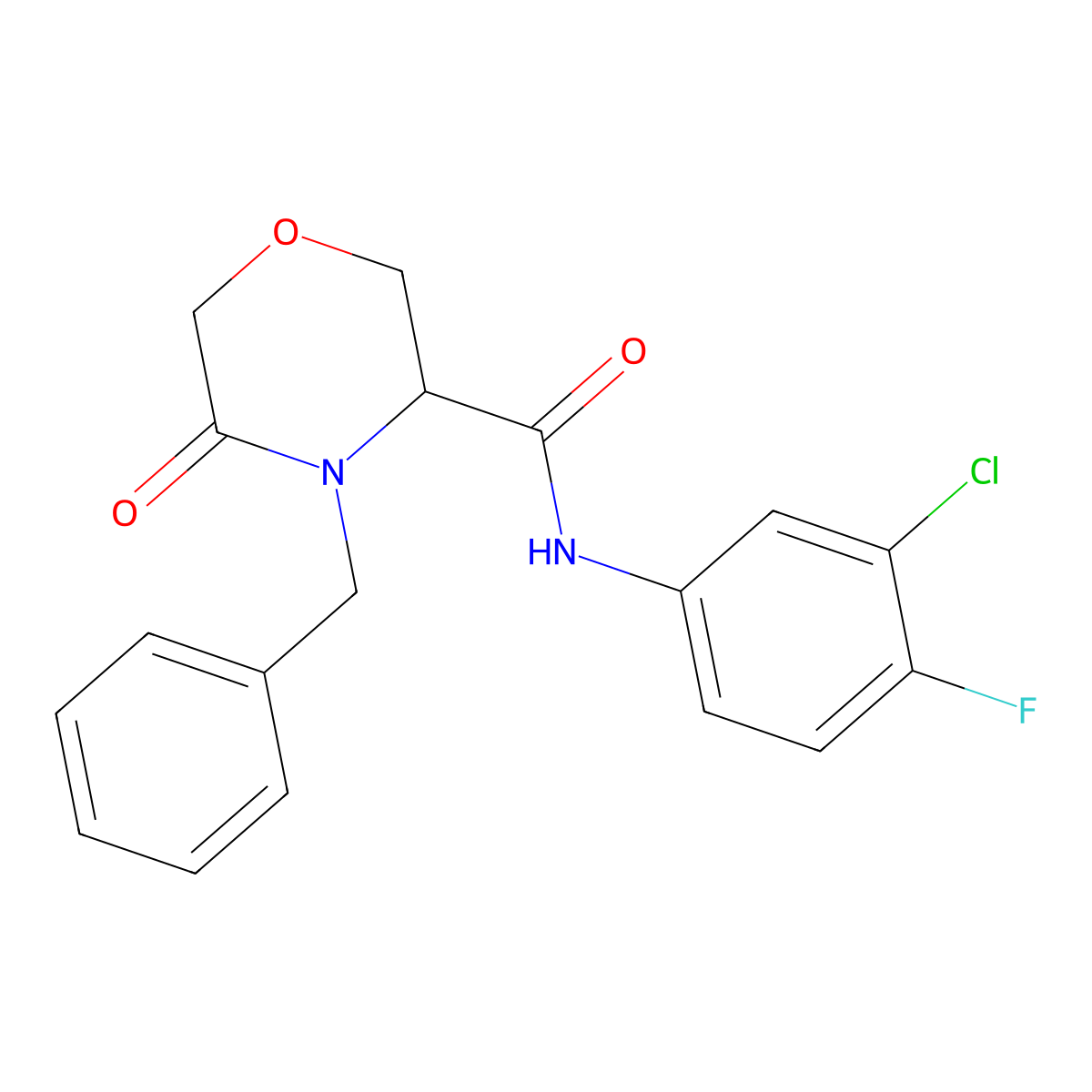 4-benzyl-N-(3-chloro-4-fluorophenyl)-5-oxomorpholine-3-carboxamide molecular structure, CAS 1351585-23-3