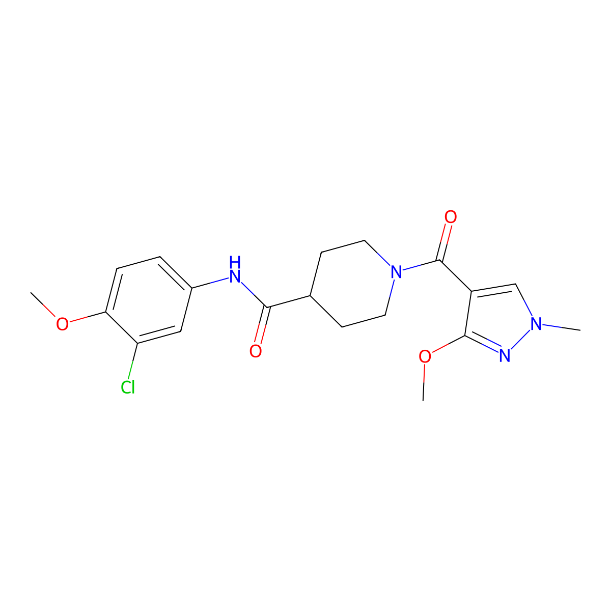 N-(3-chloro-4-methoxyphenyl)-1-(3-methoxy-1-methyl-1H-pyrazole-4-carbonyl)piperidine-4-carboxamide molecular structure, CAS 1351585-43-7