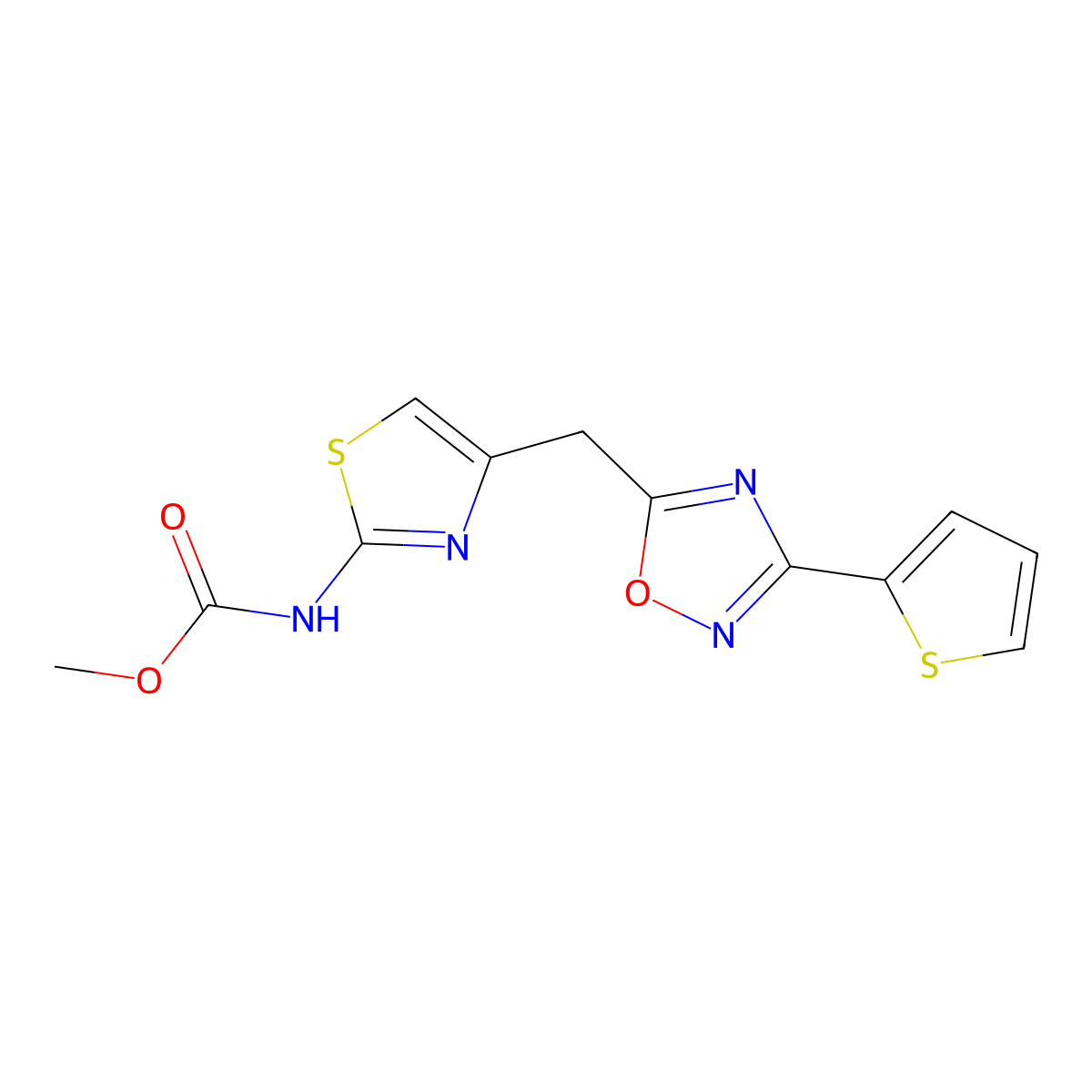 Methyl (4-((3-(thiophen-2-yl)-1,2,4-oxadiazol-5-yl)methyl)thiazol-2-yl)carbamate molecular structure, CAS 1351586-24-7