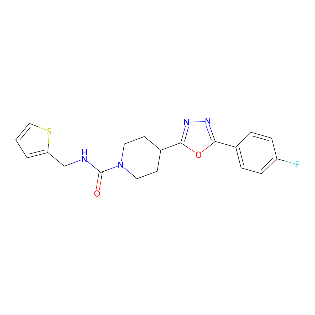 4-(5-(4-fluorophenyl)-1,3,4-oxadiazol-2-yl)-N-(thiophen-2-ylmethyl)piperidine-1-carboxamide molecular structure, CAS 1351586-30-5