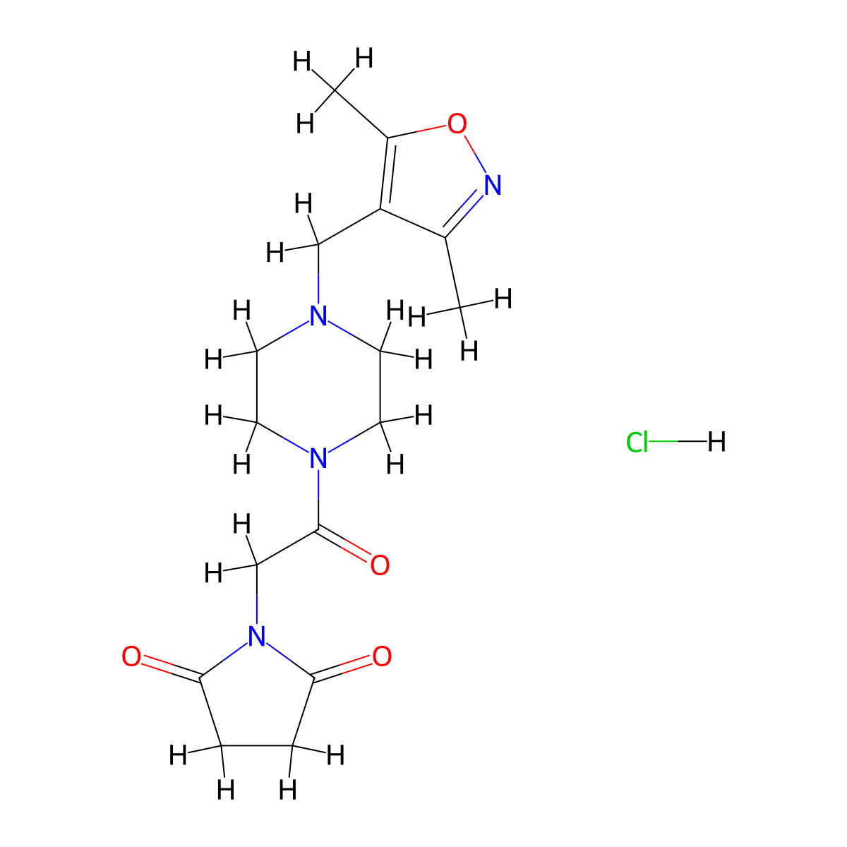 1-(2-(4-((3,5-Dimethylisoxazol-4-yl)methyl)piperazin-1-yl)-2-oxoethyl)pyrrolidine-2,5-dione hydrochloride molecular structure, CAS 1351586-53-2