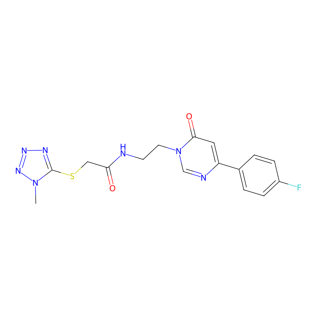 N-(2-(4-(4-fluorophenyl)-6-oxopyrimidin-1(6H)-yl)ethyl)-2-((1-methyl-1H-tetrazol-5-yl)thio)acetamide molecular structure, CAS 1351586-57-6