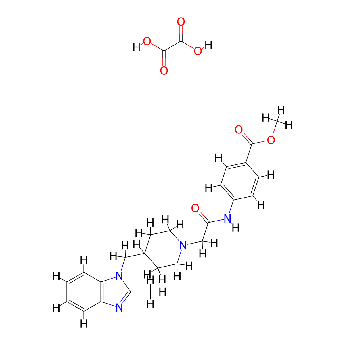 methyl 4-(2-(4-((2-methyl-1H-benzo[d]imidazol-1-yl)methyl)piperidin-1-yl)acetamido)benzoate oxalate molecular structure, CAS 1351586-63-4