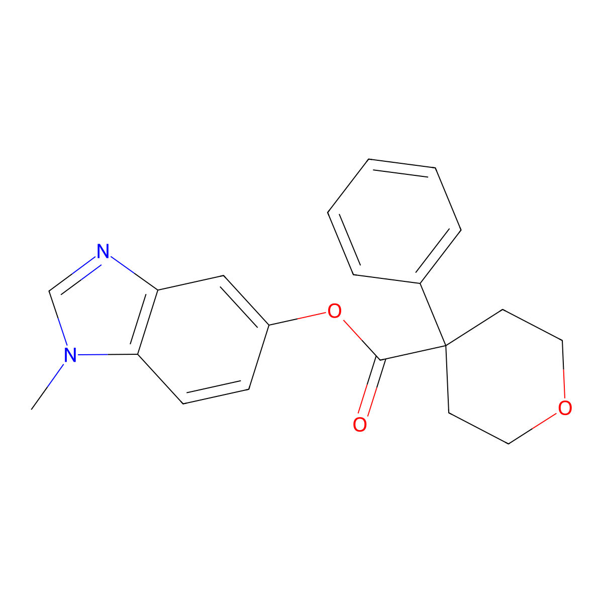 1-methyl-1H-benzo[d]imidazol-5-yl 4-phenyltetrahydro-2H-pyran-4-carboxylate molecular structure, CAS 1351586-65-6