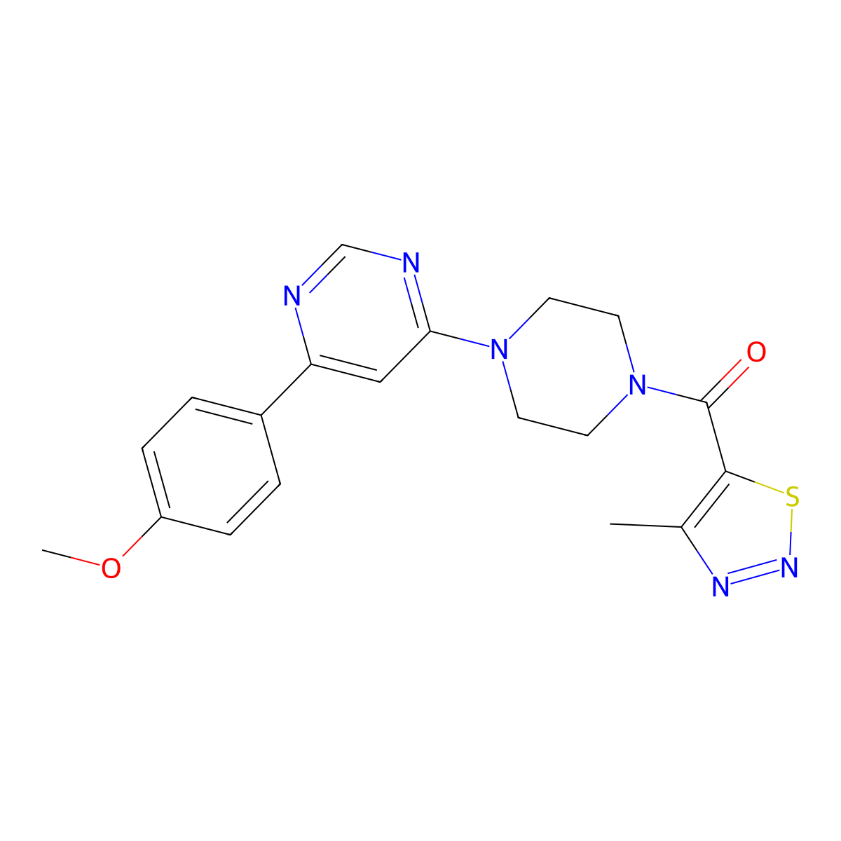 (4-(6-(4-Methoxyphenyl)pyrimidin-4-yl)piperazin-1-yl)(4-methyl-1,2,3-thiadiazol-5-yl)methanone molecular structure, CAS 1351586-67-8