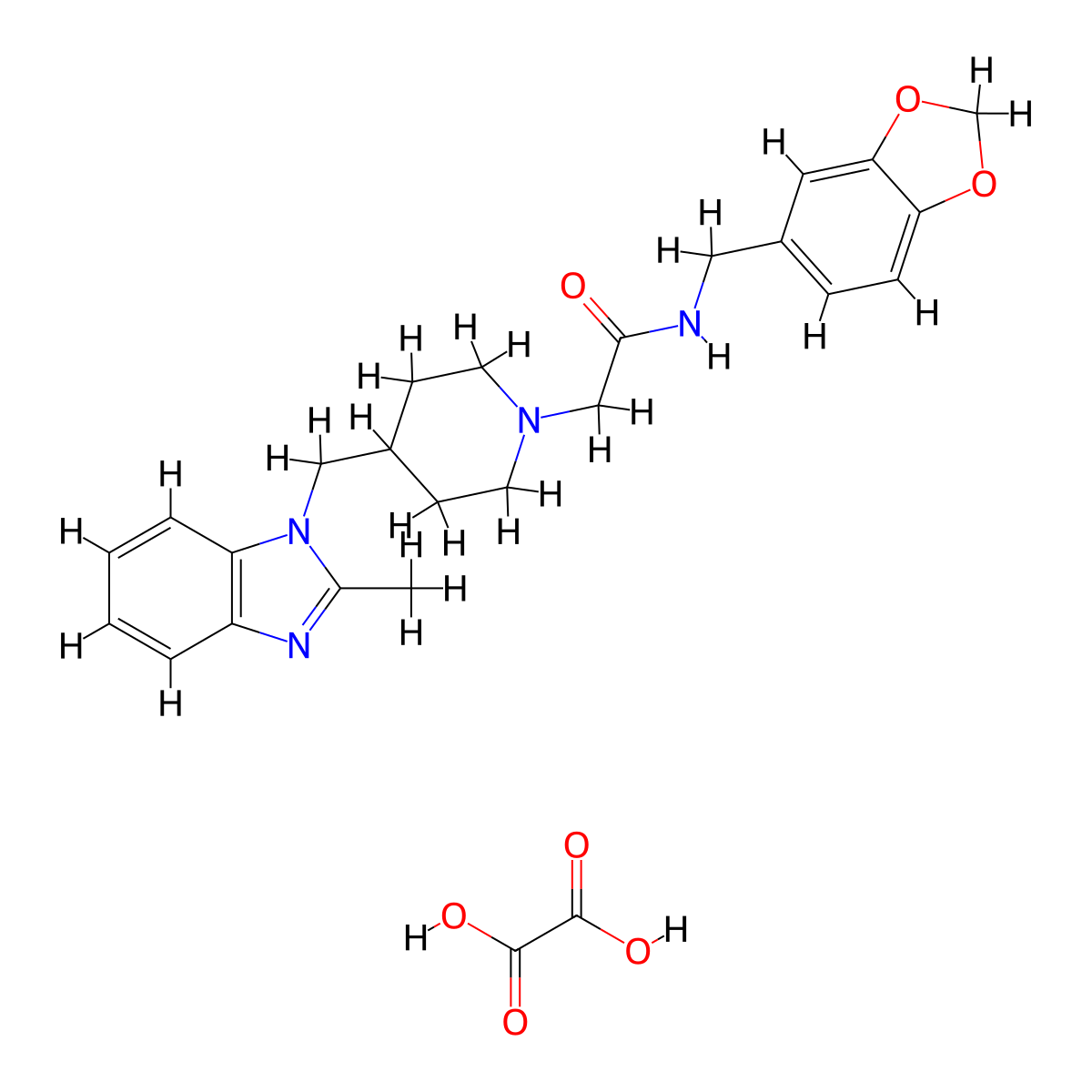 N-(benzo[d][1,3]dioxol-5-ylmethyl)-2-(4-((2-methyl-1H-benzo[d]imidazol-1-yl)methyl)piperidin-1-yl)acetamide oxalate molecular structure, CAS 1351586-71-4