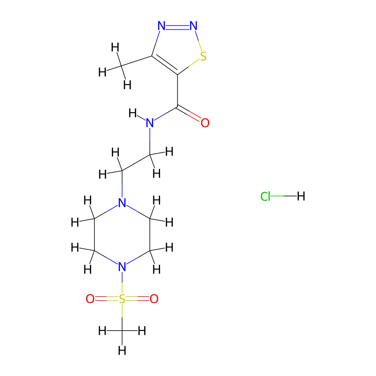 4-methyl-N-(2-(4-(methylsulfonyl)piperazin-1-yl)ethyl)-1,2,3-thiadiazole-5-carboxamide hydrochloride molecular structure, CAS 1351586-92-9
