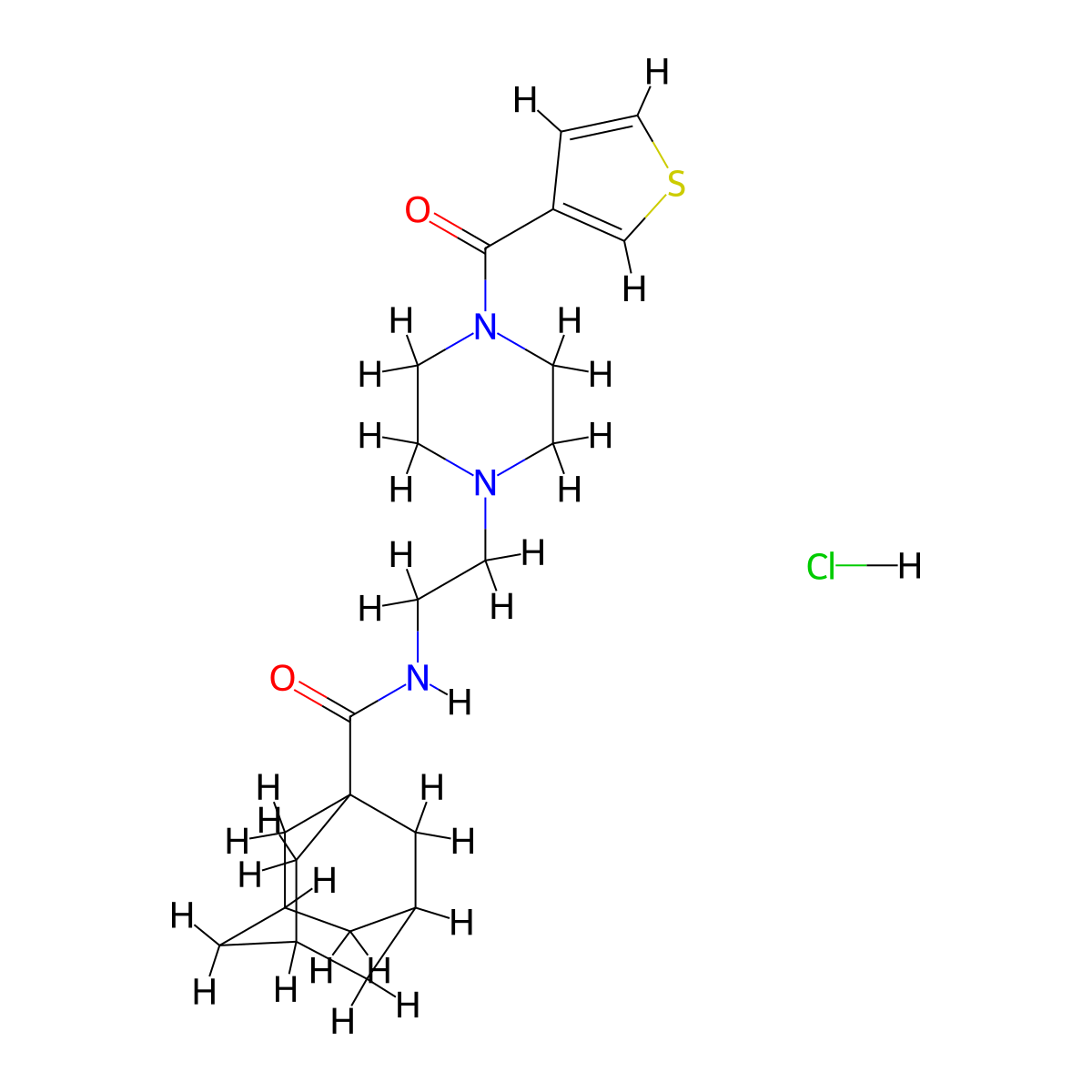 N-{2-[4-(thiophene-3-carbonyl)piperazin-1-yl]ethyl}adamantane-1-carboxamide hydrochloride molecular structure, CAS 1351586-93-0